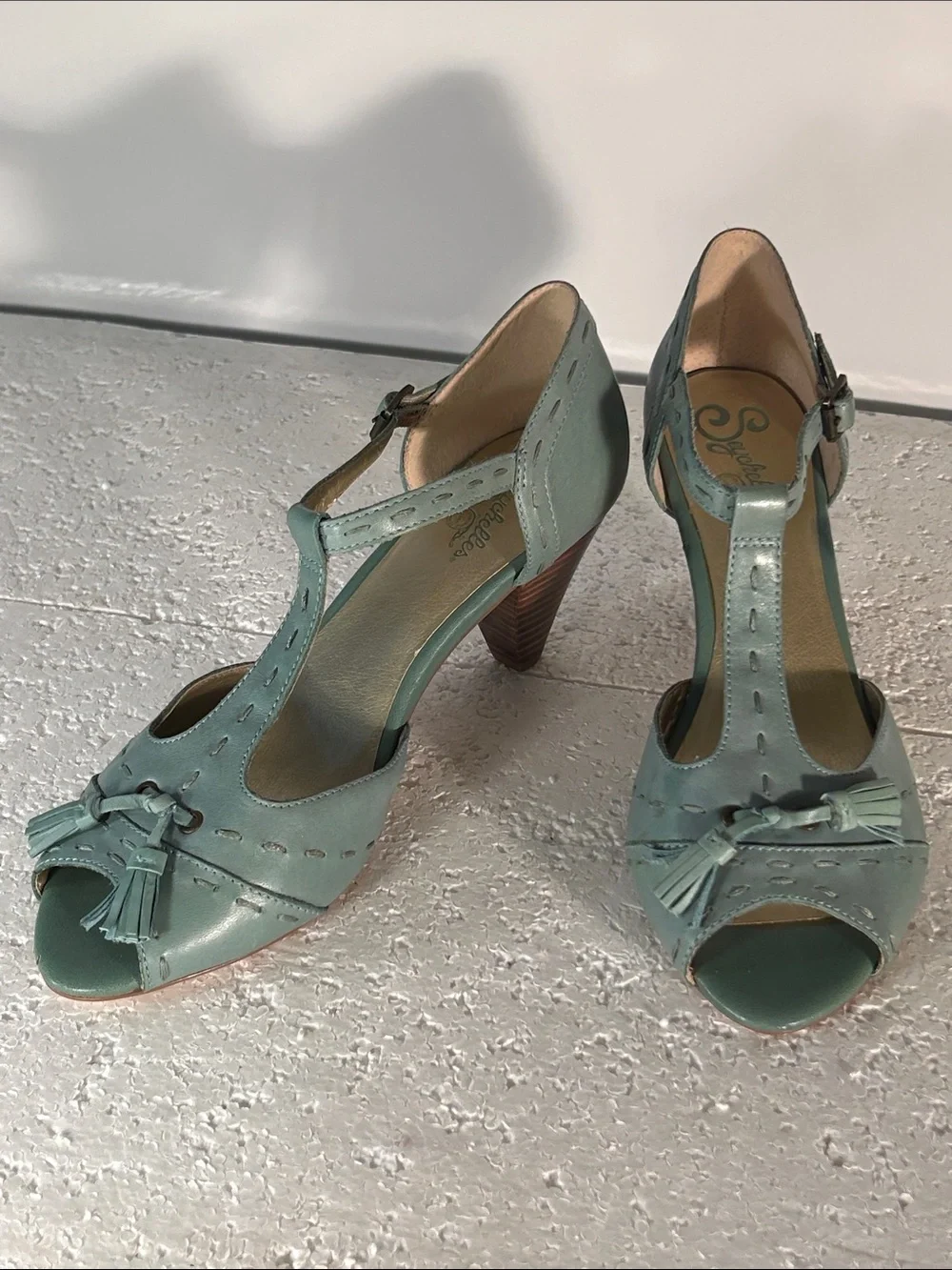 Seychelles SZ 10 Aqua T-Strap Peep Toe Heel Tassel Retro Vintage 40S Rockabilly